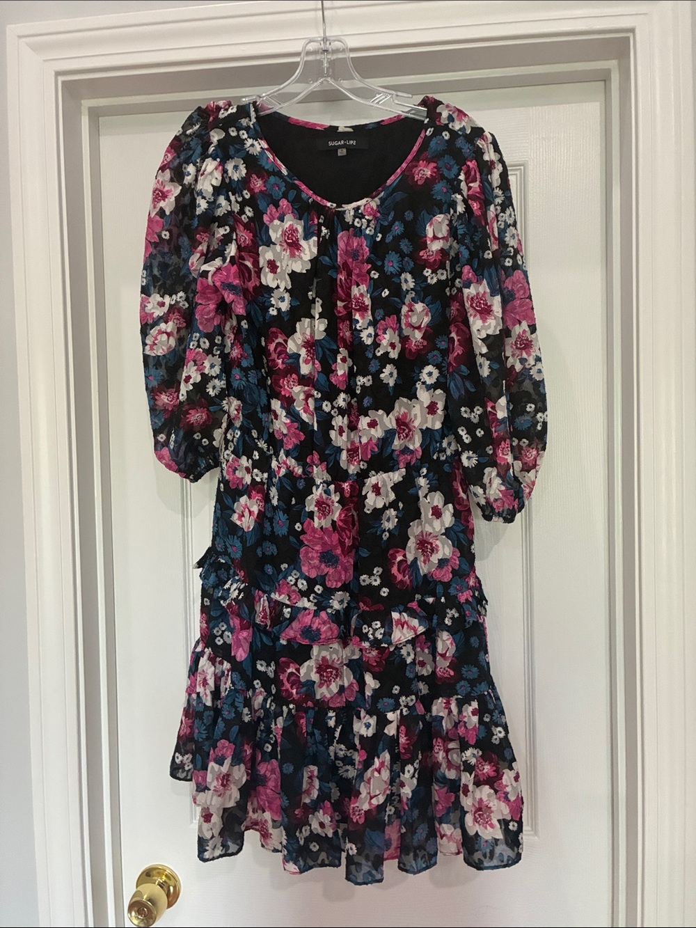 Sugarlips Black Floral Tiered Dress with Pink, White & Blue Flowers